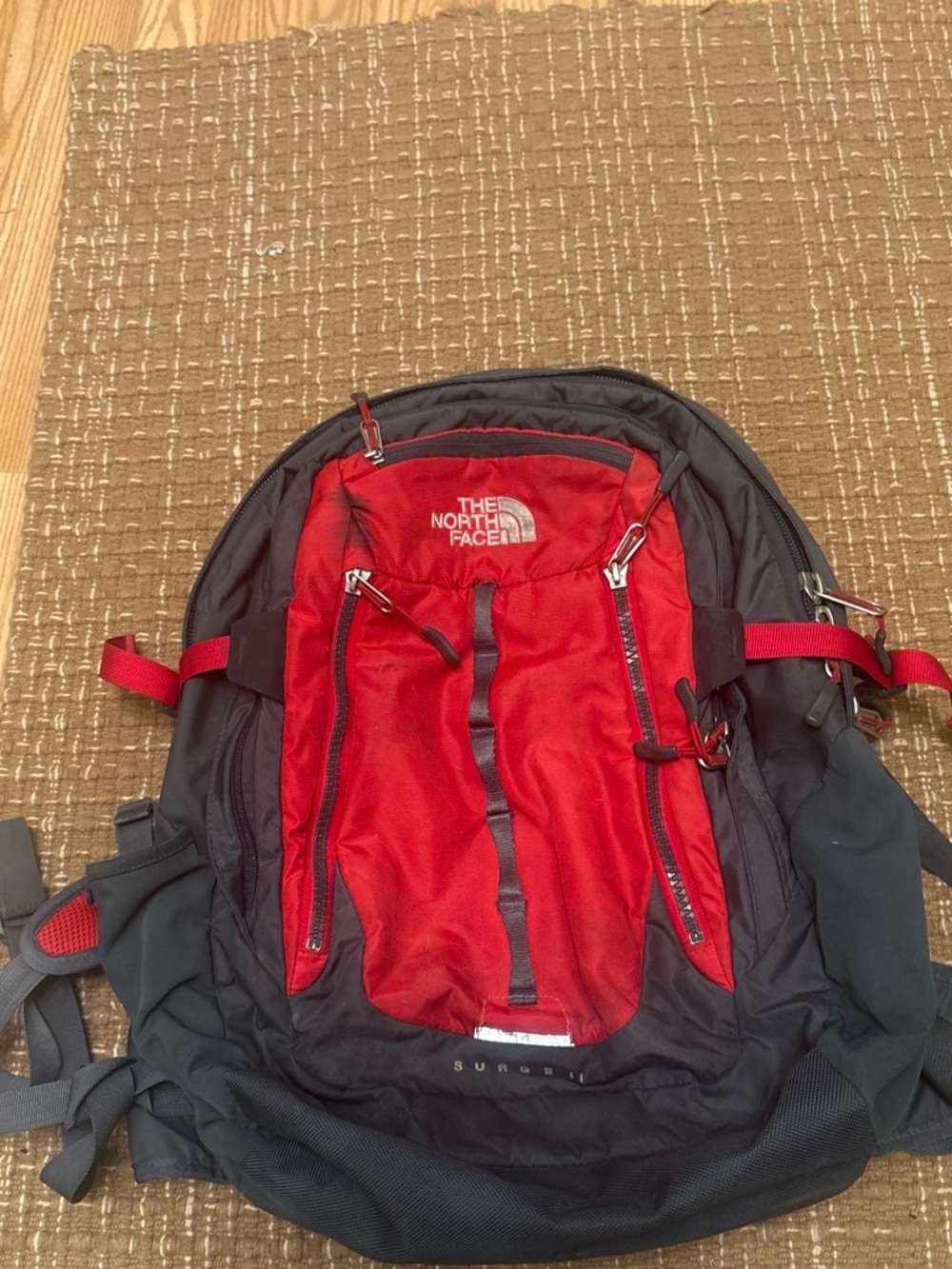The North Face Red and Gray Daypack with White Logo